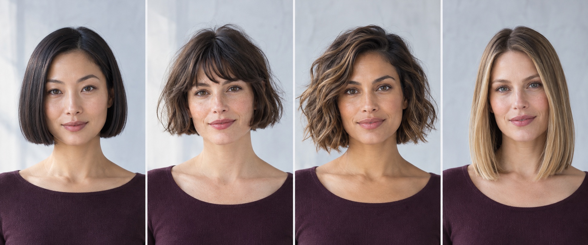 Four bob silhouettes side by side: blunt chin-length, short French with fringe, wavy layered, and smooth collarbone-length
