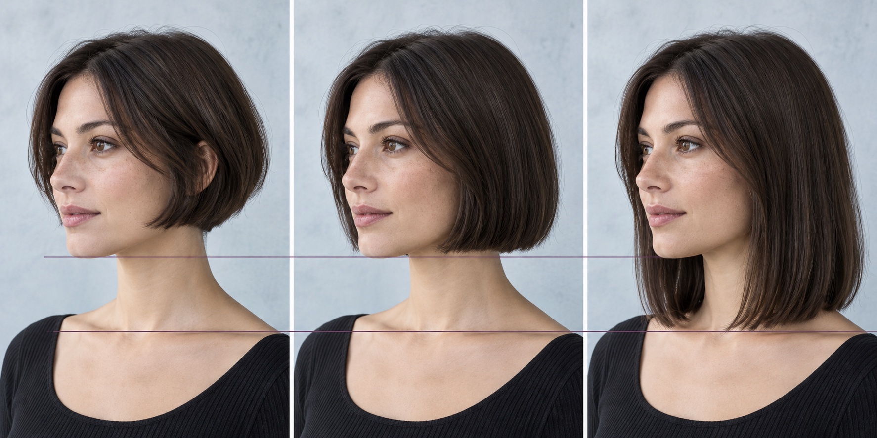 The same woman's bob shown at three lengths: near the jaw, at the chin, and near the collarbone, with chin and collarbone guide lines