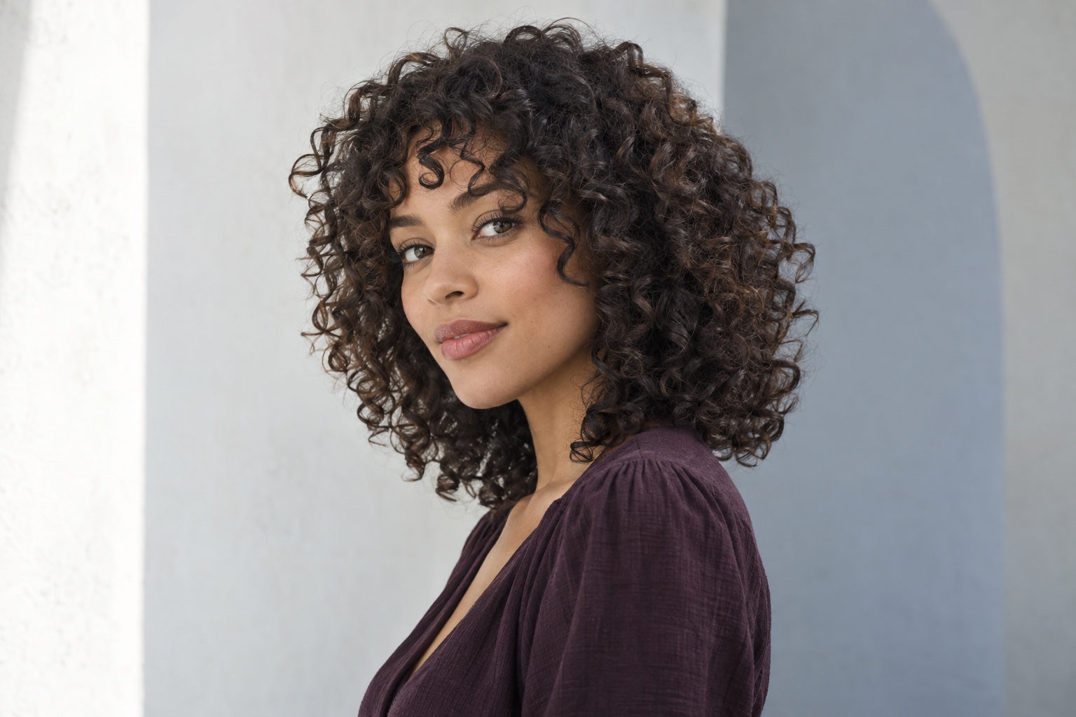Woman with defined dark curls in a medium-length rounded layered cut and short face-framing fringe
