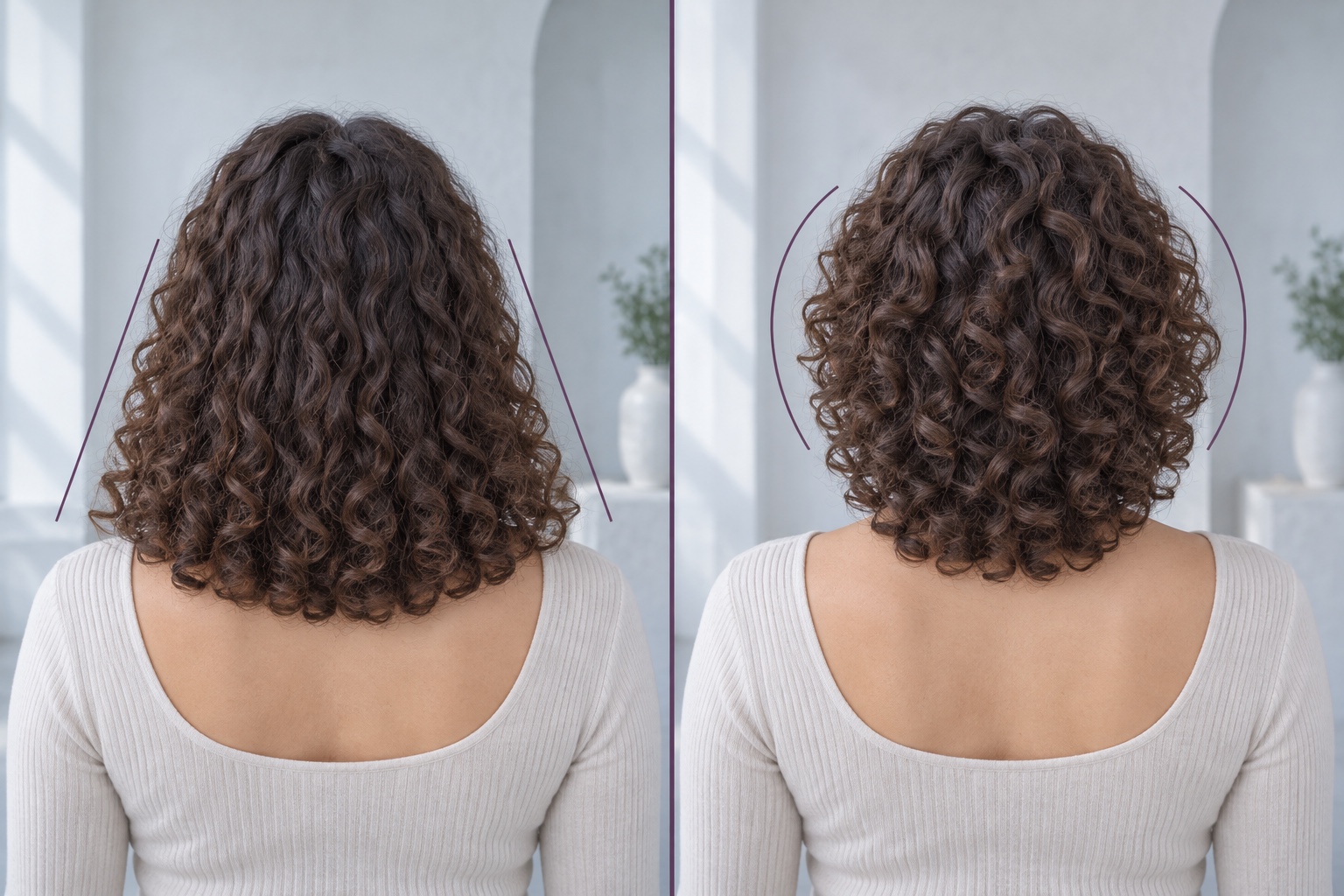 Back-view comparison of curls with more volume at the lower edge and curls with a rounder layered outline