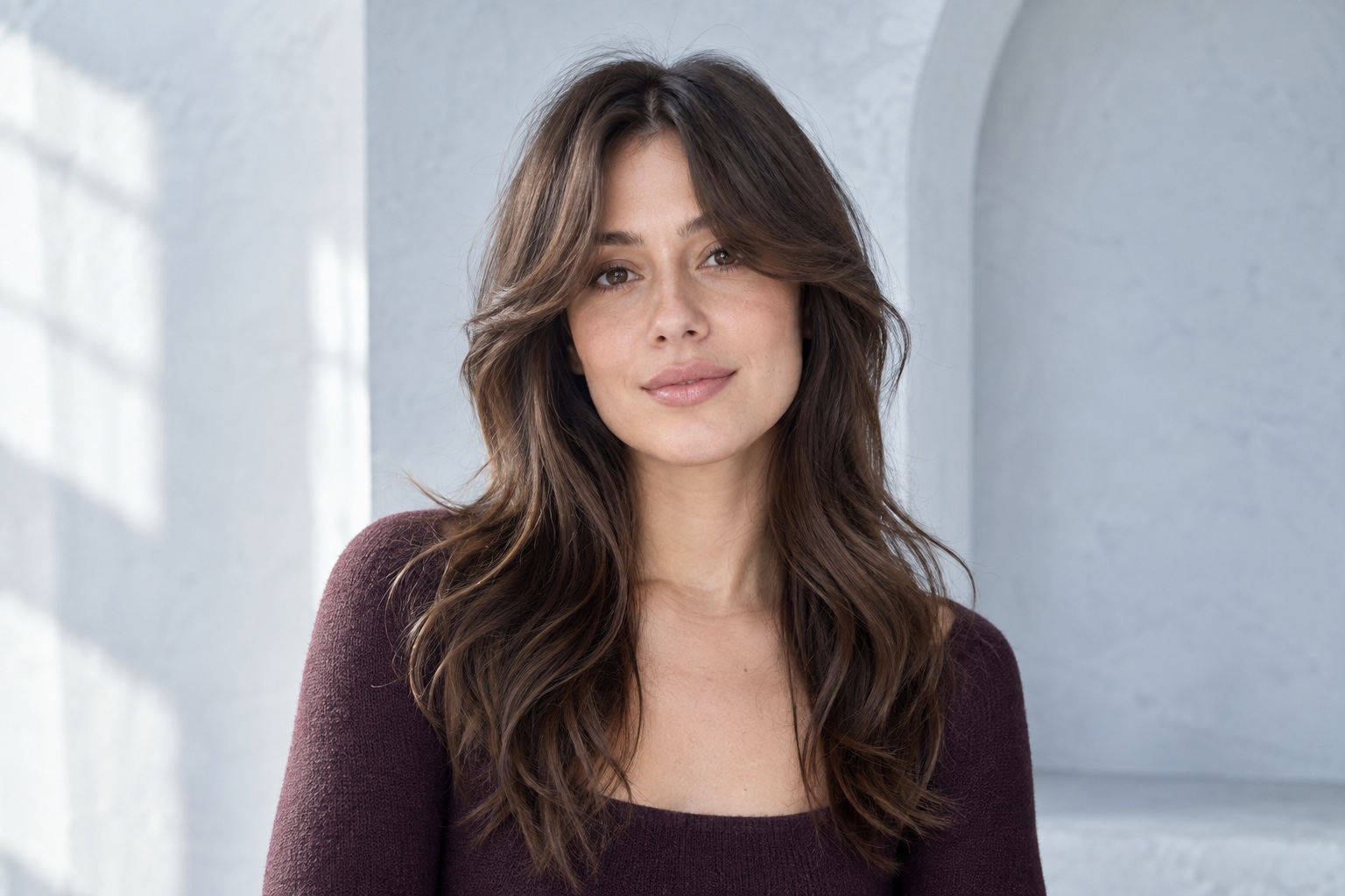 Woman with center-parted curtain bangs sweeping outward into longer pieces around her cheekbones