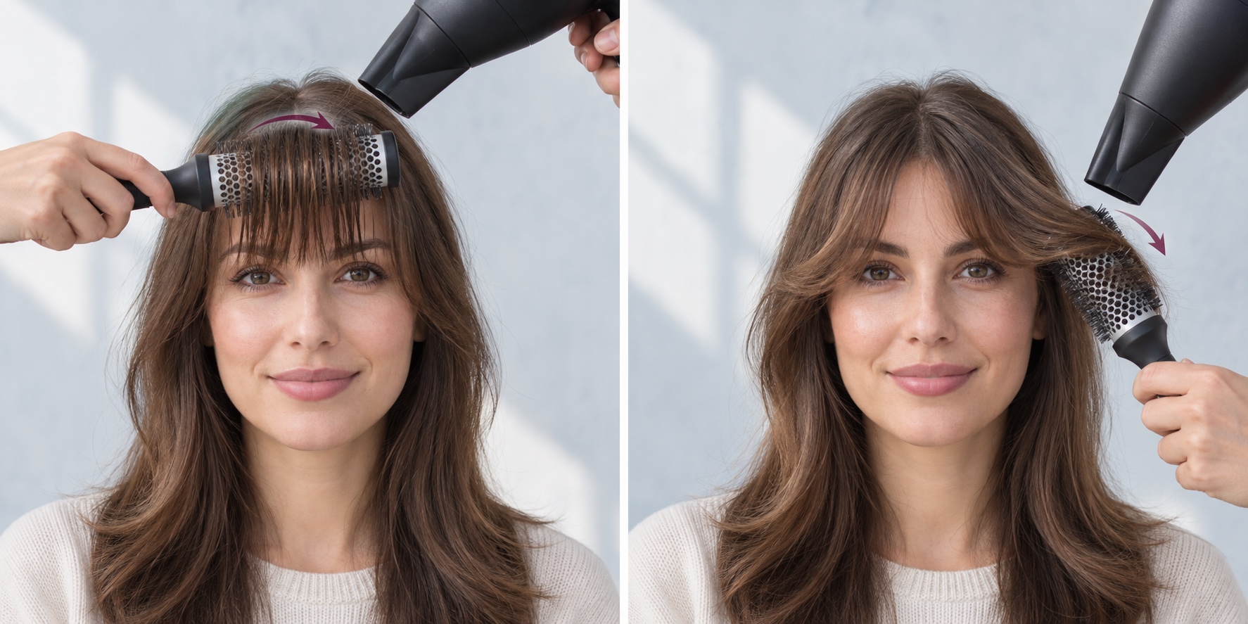 Two-panel styling illustration: a round brush guides damp fringe forward at the roots, then turns one side outward under a blow-dryer
