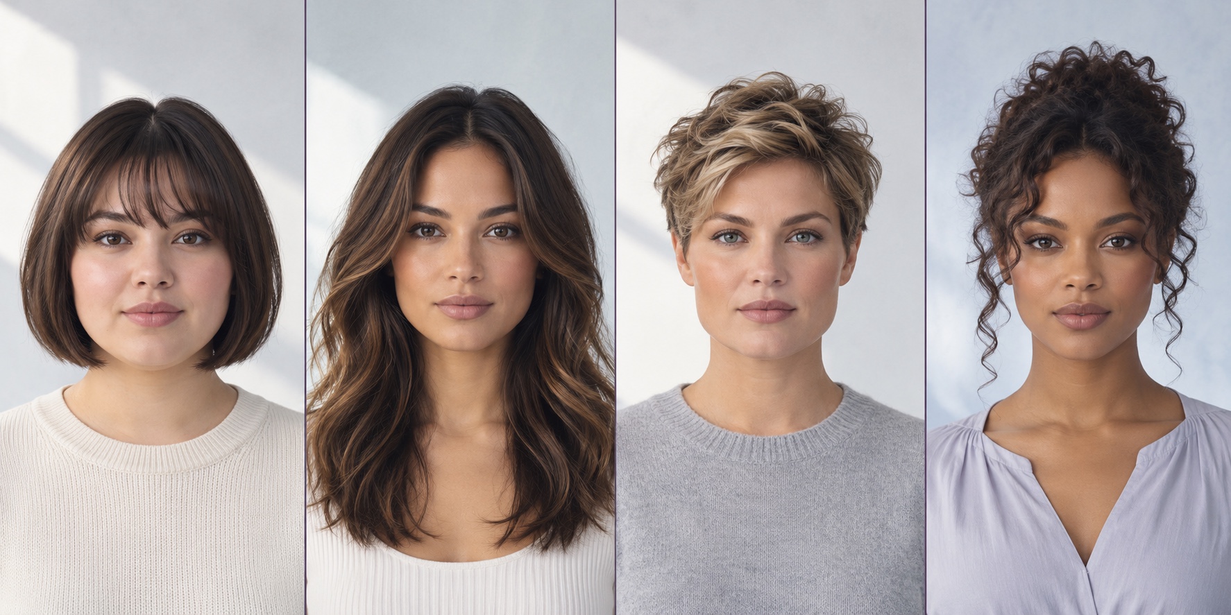 Four front-facing hairstyle silhouettes with different face proportions and haircut outlines