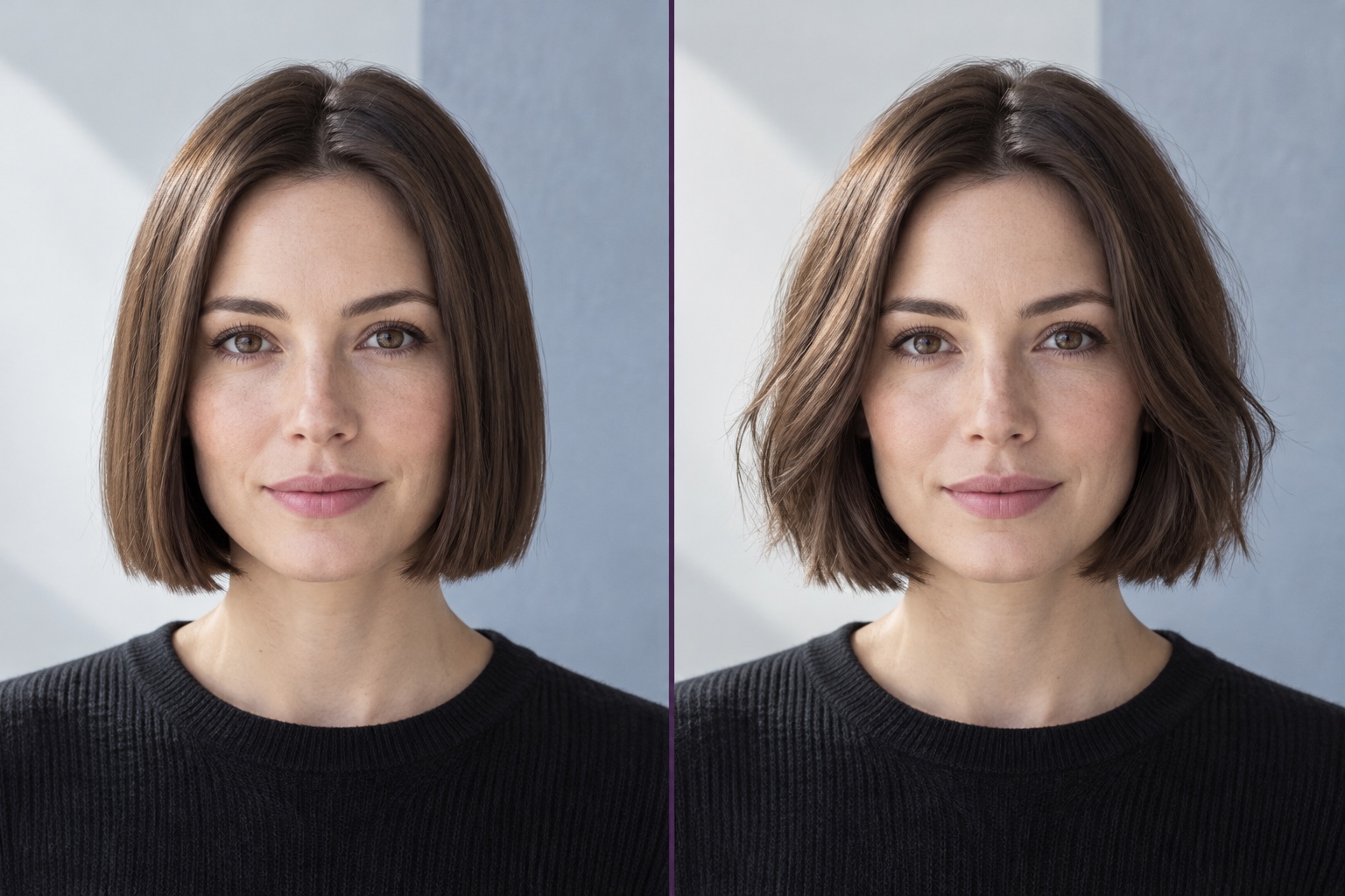 The same fine-haired person with a crisp blunt bob on the left and soft surface layers on the right