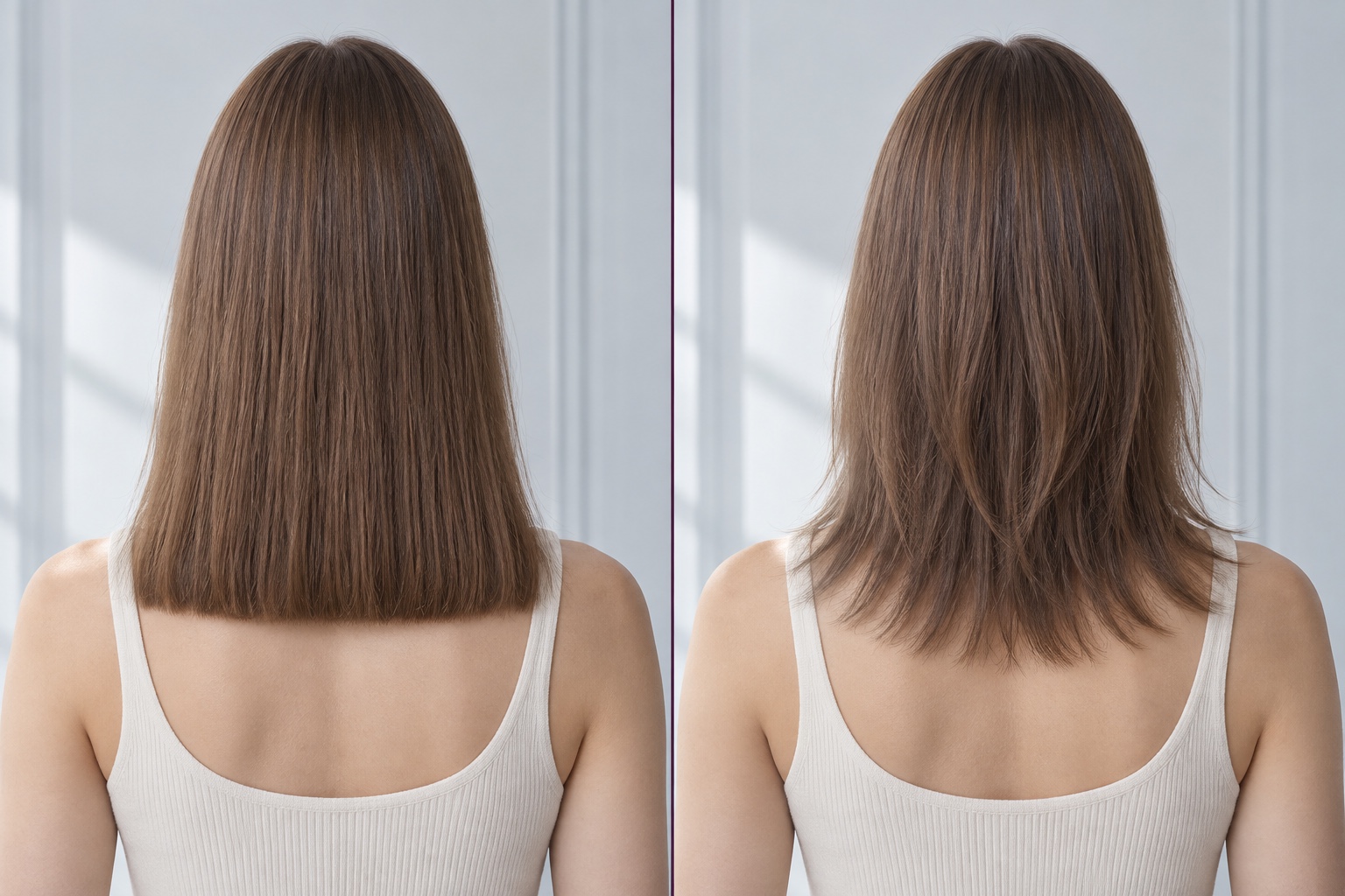 Back-view comparison of a solid blunt lower edge and a heavily layered, wispy lower edge at similar length