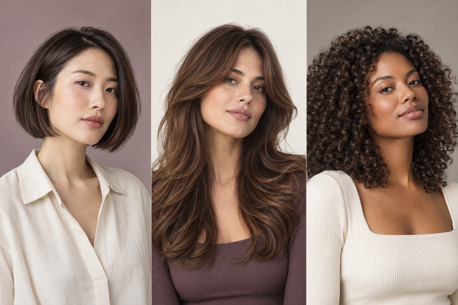 Three hairstyle ideas: a chin-length bob, long soft layers, and defined natural curls