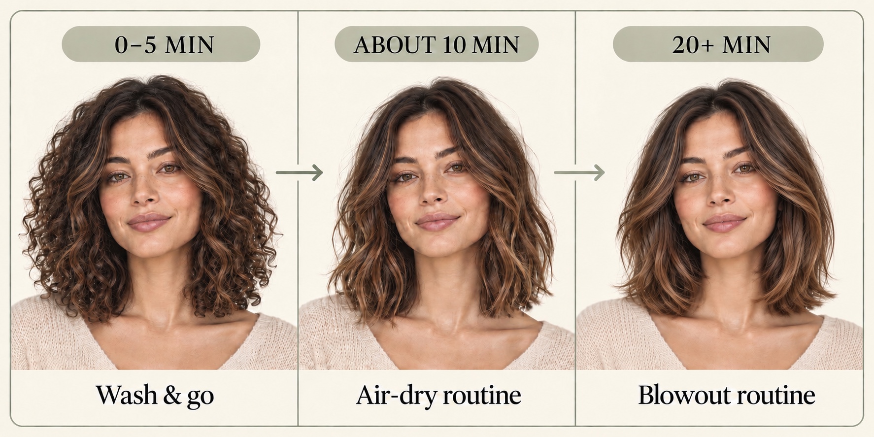 The same woman with the same shoulder-length cut shown naturally textured, air-dried, and blow-dried