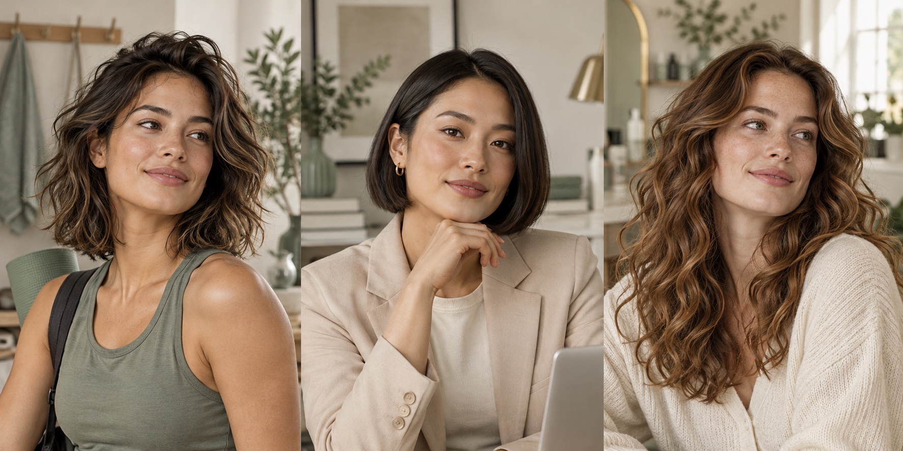Three hairstyle ideas: a textured shoulder-length cut, a polished chin-length bob, and natural loose waves