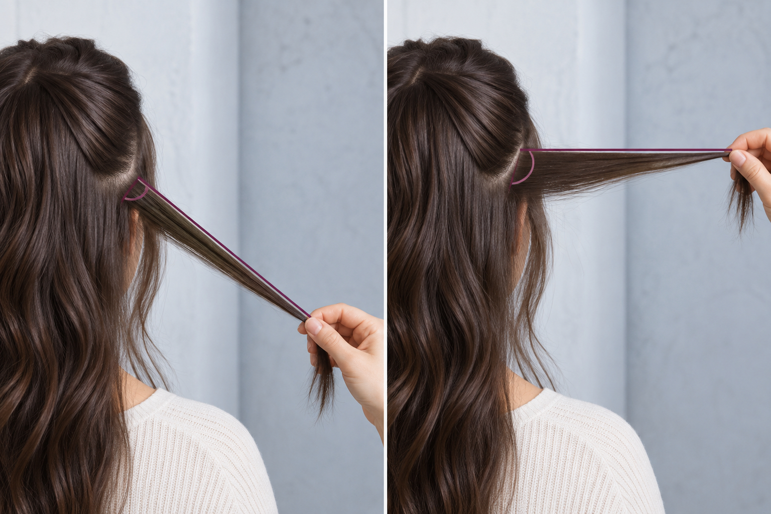 Rear view of the same hair section held diagonally downward and then horizontally away from the head
