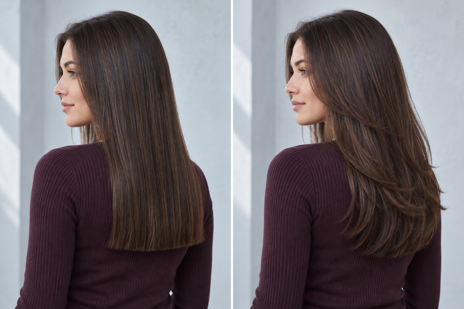 Side-by-side view of the same long dark hair with a blunt one-length edge and with soft blended layers