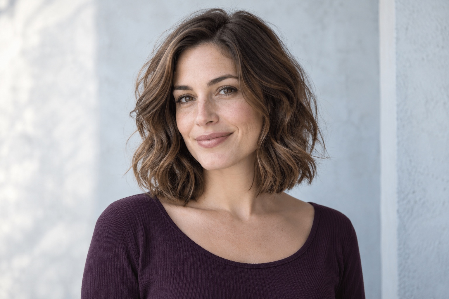 Woman with naturally wavy brown hair ending at the collarbone and a softly textured outline