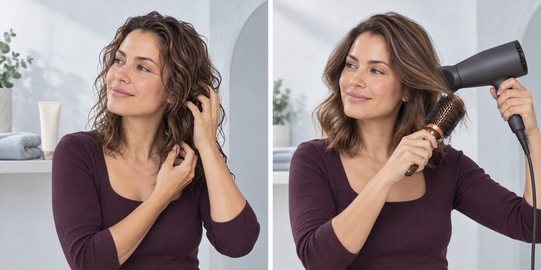 Woman shaping damp natural waves with her fingers beside a folded towel and hair cream