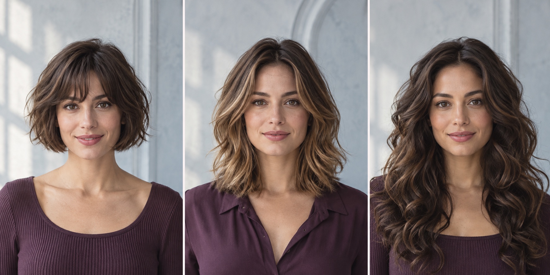 Three oval-face haircut examples: a chin-length bob with soft bangs, textured shoulder-length layers, and long layered curls