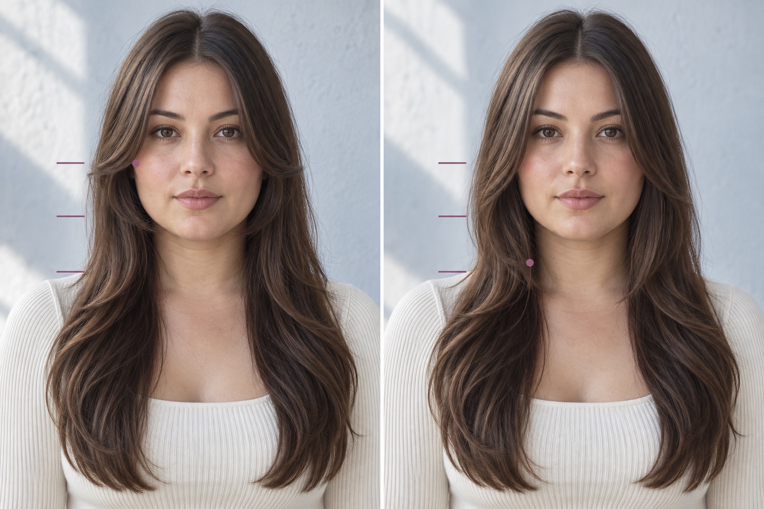 The same long haircut with a face-framing layer ending near the cheekbone on the left and below the chin on the right