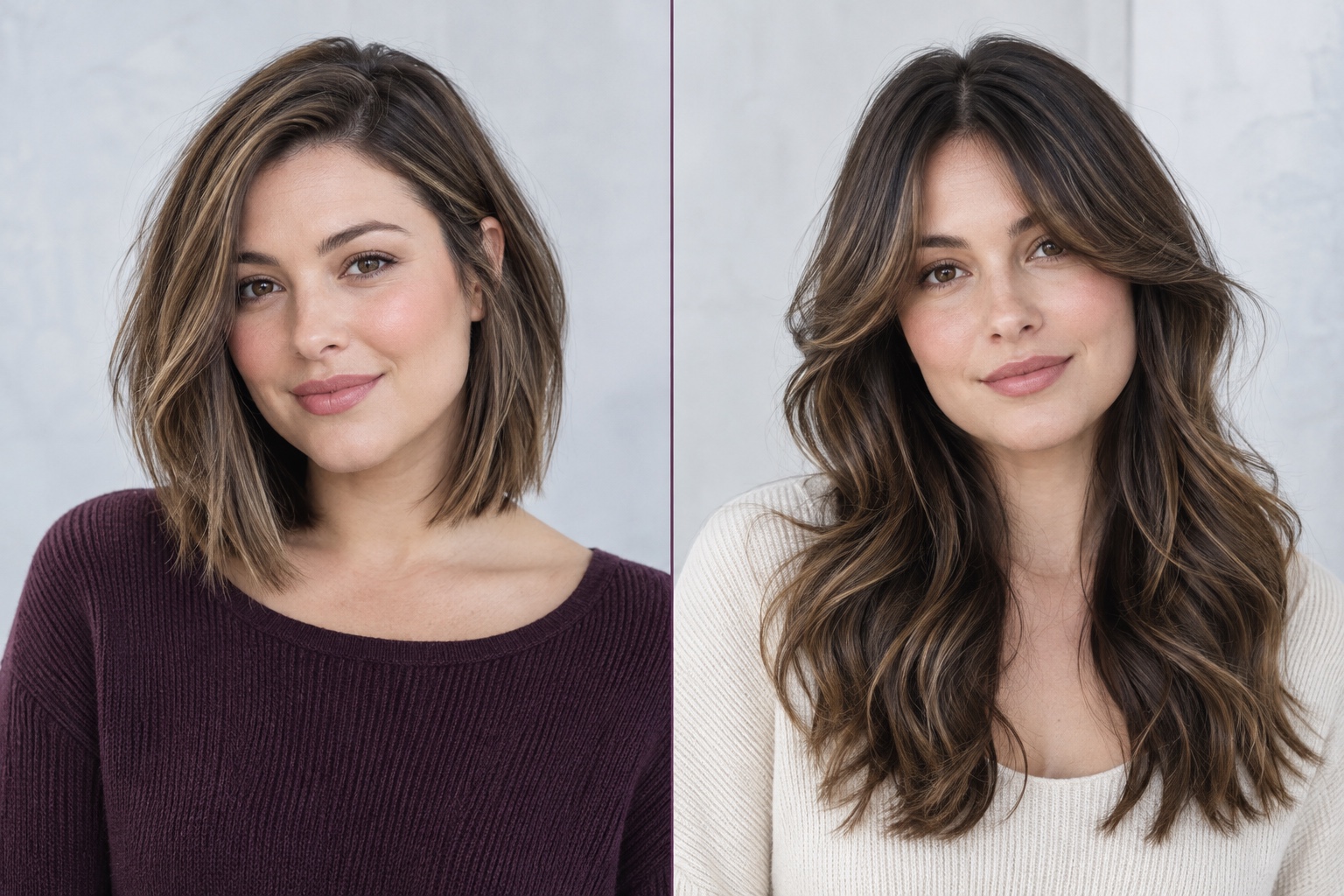 Two round-face haircut examples: a collarbone-length textured lob and long layers with curtain bangs