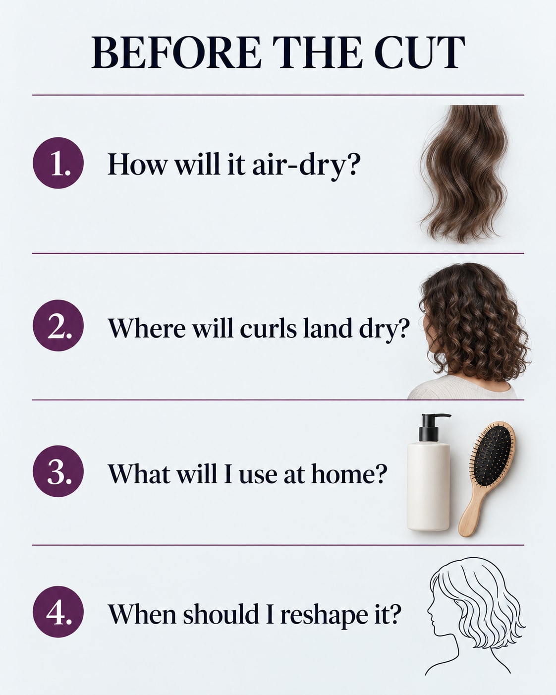 Phone-size checklist headed Before the Cut, with four questions about air-drying, dry curl length, home styling, and reshaping
