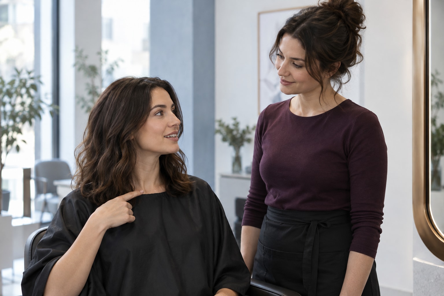 Client pointing to a collarbone-length landmark while talking with a hairstylist beside a salon mirror