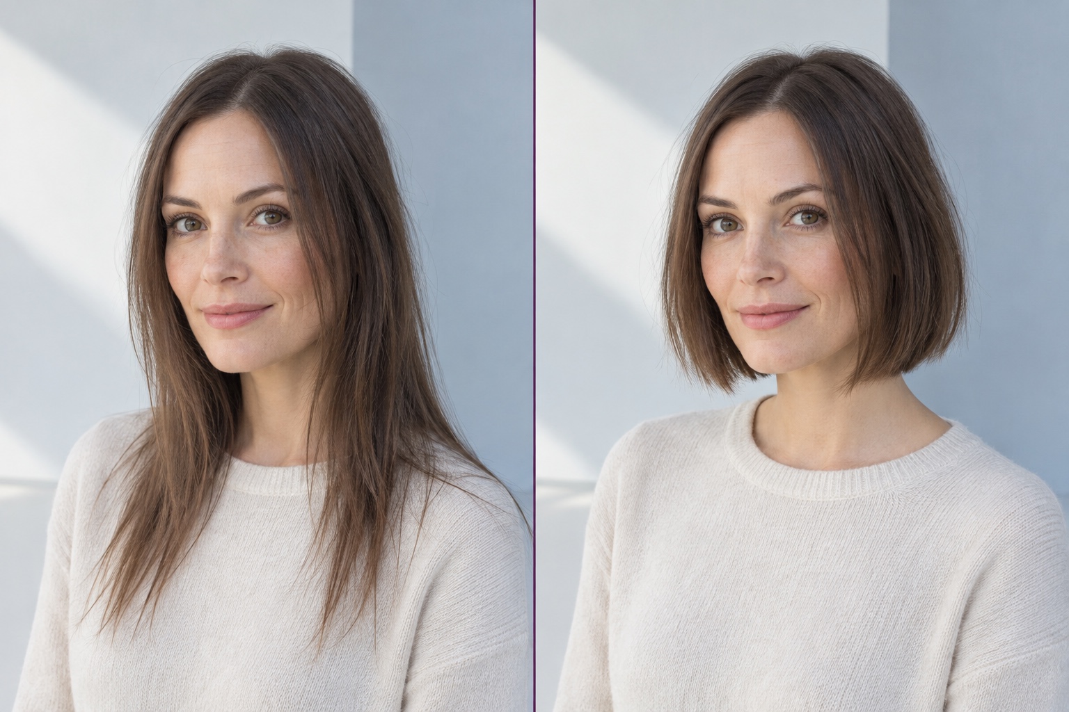 Two views of the same woman: longer hair with separated ends beside a chin-length blunt bob with a clearer lower edge
